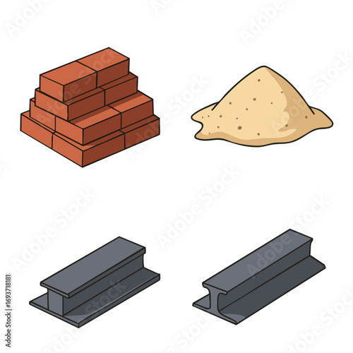 A vibrant illustration showcasing fundamental construction elements like neatly stacked red bricks, a smooth pile of sand, and sturdy steel support beams.