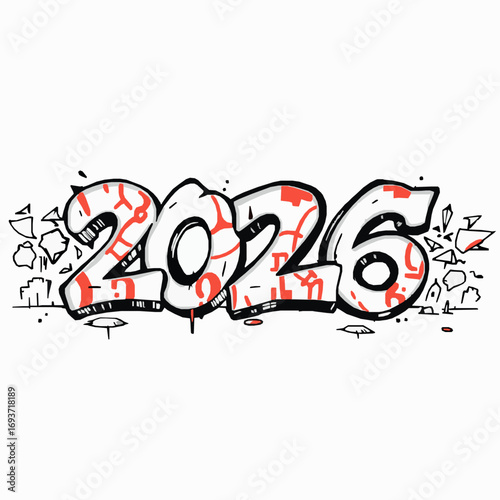 Graffiti style 2026 year text with red abstract patterns and shattered elements new year