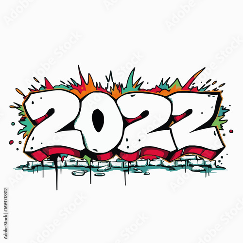 Graffiti style 2022 year number with brick wall and colorful paint splatters Keywords: 2022, new year, graffiti, spray paint, splash, paint splatter, abstract, art, celebration