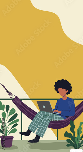 Person working remotely from a hammock on a balcony, surrounded by plants. Relaxed lifestyle, digital nomad, and freelance work concept.