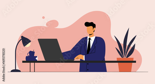 Professional businessman working diligently on his laptop at a modern desk, symbolizing productivity, remote work, and contemporary business.