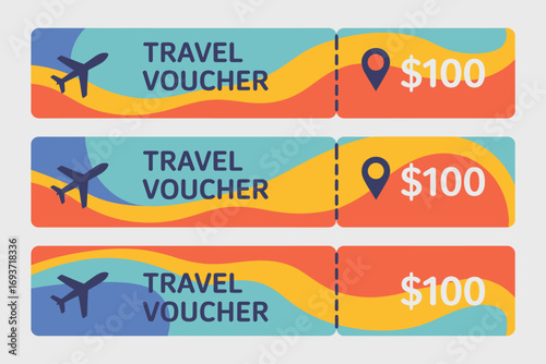 Vibrant Travel Vouchers Set of Three Colorful Discount Coupons with Wavy Designs and Airplane Icons for Summer Escapes and Holiday Adventures.