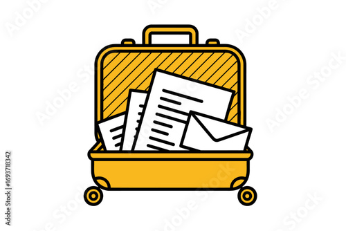Illustrated Open Suitcase Packed with Documents and Mail, Representing Business Travel and Organization