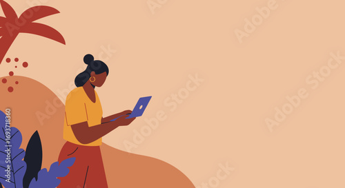Young woman diligently working on her laptop in a stylized tropical setting, representing remote work, digital nomadism, online learning, or flexible lifestyle concepts.