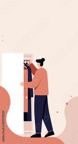 A person selects clothing from a minimalist wardrobe, showcasing daily routine, fashion choice, and home organization. Ideal for lifestyle and retail concepts.