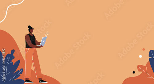 Vibrant illustration of a person confidently using a laptop. Represents modern digital work, remote productivity, online connection, and communication.