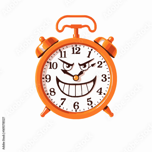 Orange Alarm Clock with a Scary Face and Grinning Mouth time