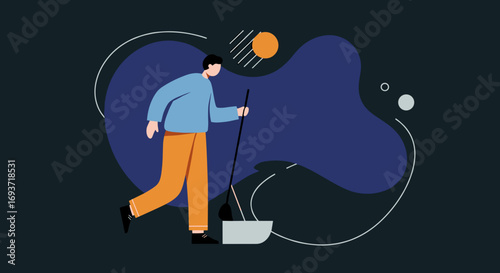 Stylized illustration of a man performing a task with a long pole and bucket, representing daily chores, dedication, or problem-solving. Ideal for concepts of work and routine.
