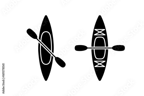 Minimalist Vector Kayak Icons. Clean black and white silhouettes of kayaks and paddles, ideal for water sports, outdoor recreation, and adventure.