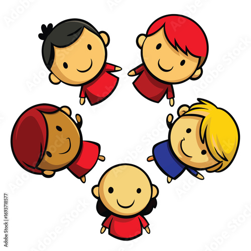 Diverse group of smiling children in a circle together promoting unity, friendship, and happy childhood memories for educational resources