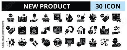 30 New Product Glyph Icons Vector - Innovation, Trendy, Groundbreaking, Revolution, Upcoming, Modernization, Unexplored, Product Life Cycle
