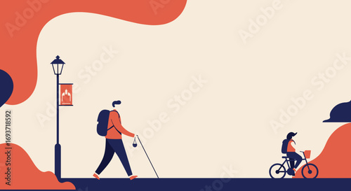 Two travelers, one walking and one cycling, explore a scenic path. Represents adventure, leisure, and active lifestyle.