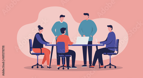 Business team collaborating in an office meeting. People discussing ideas, working on laptops, and strategizing. Modern flat design for corporate and startup concepts.