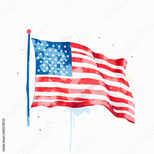 Watercolor American Flag Waving on a Pole with Splattered Paint Effect usa flag united states flag