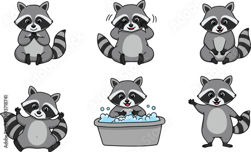 Cute cartoon raccoon characters in various poses including washing, waving, sitting, and playing, perfect for children’s vector illustrations.