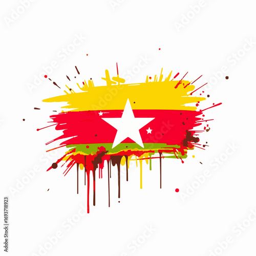 Distressed Flag with White Star on Red and Yellow with Green Accents splatter paint splashes