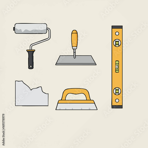 This vector illustration presents essential tools for home renovation, construction, and DIY, including paint roller, trowel, level, and grout float.