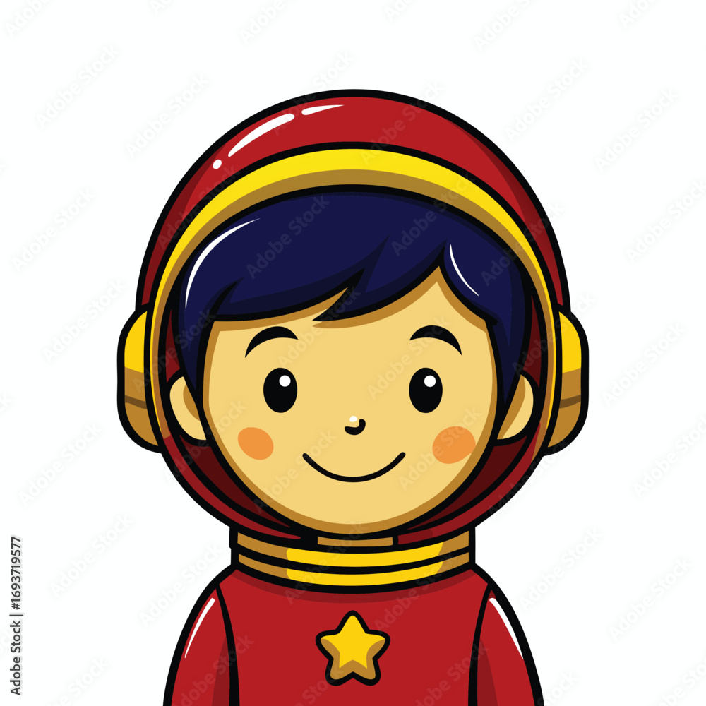 Obraz premium Adorable cartoon astronaut boy smiling brightly, perfect for space exploration or children's themes with his charming red and yellow suit