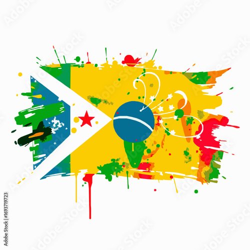 Abstract Splattered Flag of Brazil with Yellow Blue Green Red and White Paint Splashes and Star Brazil flag