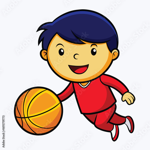 Cartoon boy happily dribbling basketball for fun, perfect for children's sports illustrations and educational resources, radiating joyful energy