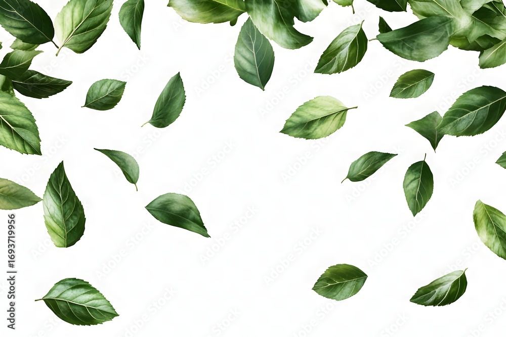 Naklejka premium Mint leaves floating in the air on a white background, in a flat lay composition. Isolated green mint leaves pattern.