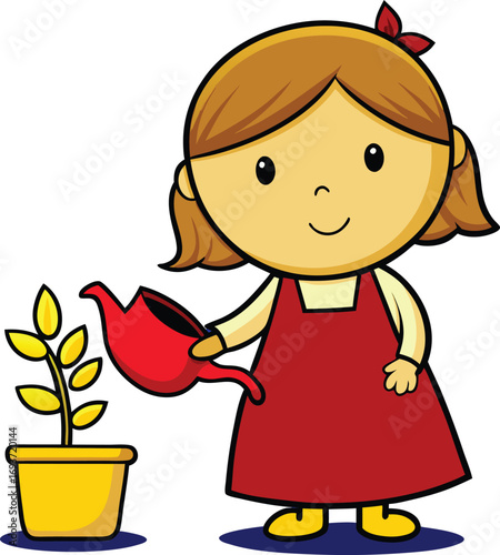 Adorable girl nurtures plant with love and care, fostering growth and teaching responsibility, perfect for children's educational material