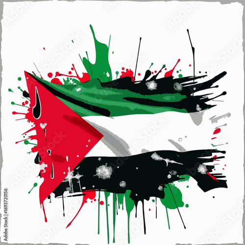 Palestinian flag in abstract paint splatters and drips with a white background Keywords: Palestine, flag, Palestinian flag, abstract, art, paint, splatter, splash, drip, ink