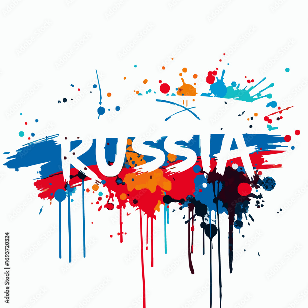 Obraz premium Russia Text with Russian Flag Colors and Paint Splatters on White Background Keywords: Russia, text, lettering, Russian flag, colors, red, blue, white, paint, splatter, splash