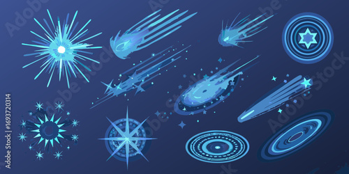 Collection of blue cosmic elements including comets stars and abstract celestial shapes