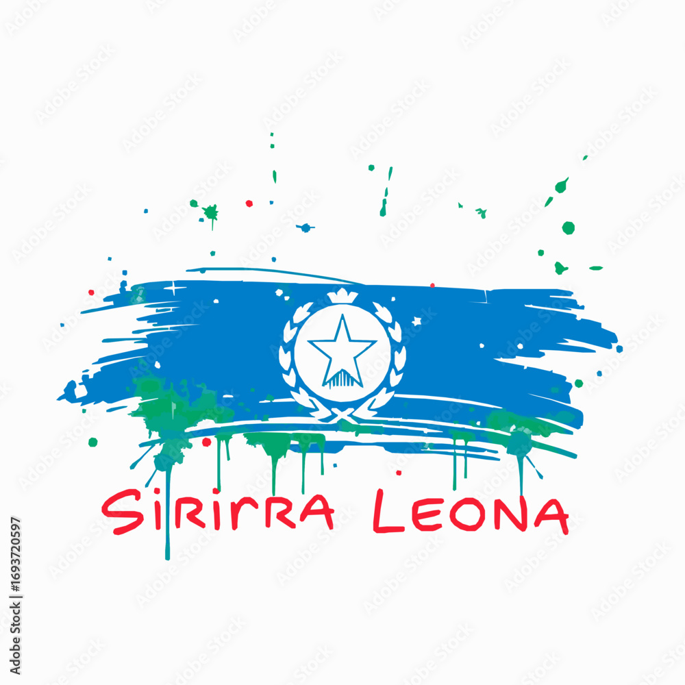 Obraz premium Sierra Leone Flag Splatter Grunge Brush Strokes with Star and Text national emblem