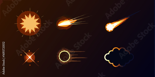 Collection of fiery cosmic objects and explosions for space and fantasy game design