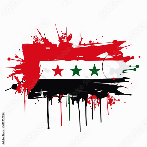 Syria flag with abstract red and green paint splatters and drips on white background Keywords: Syria flag, paint splatters, paint drips, abstract, grunge, splash, colorful, red