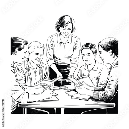 Diverse group of people gather around a table for a shared meal or activity fostering community spirit. white background