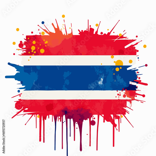 Thailand flag with red blue and white stripes and colorful paint splatters Keywords: Thailand flag, paint splatters, paint drips, abstract, grunge, splash, colorful, red, blue