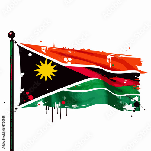 Flag of Biafra waving with grunge paint splatter on a flagpole African nation secessionist movement