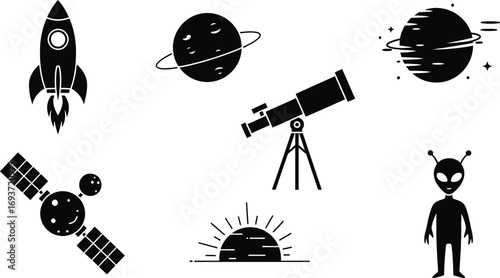 Space exploration icons: rocket, planets, telescope, satellite, alien, and horizon.