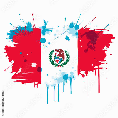 Peru flag with abstract paint splatters and drips on white background national symbol