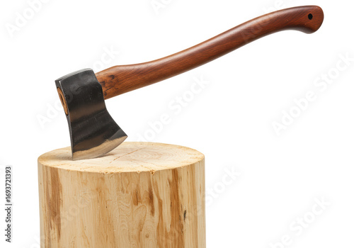 Obraz na plátně Isolated axe stuck in wooden stump for chopping wood outside, lumberjack gear, t