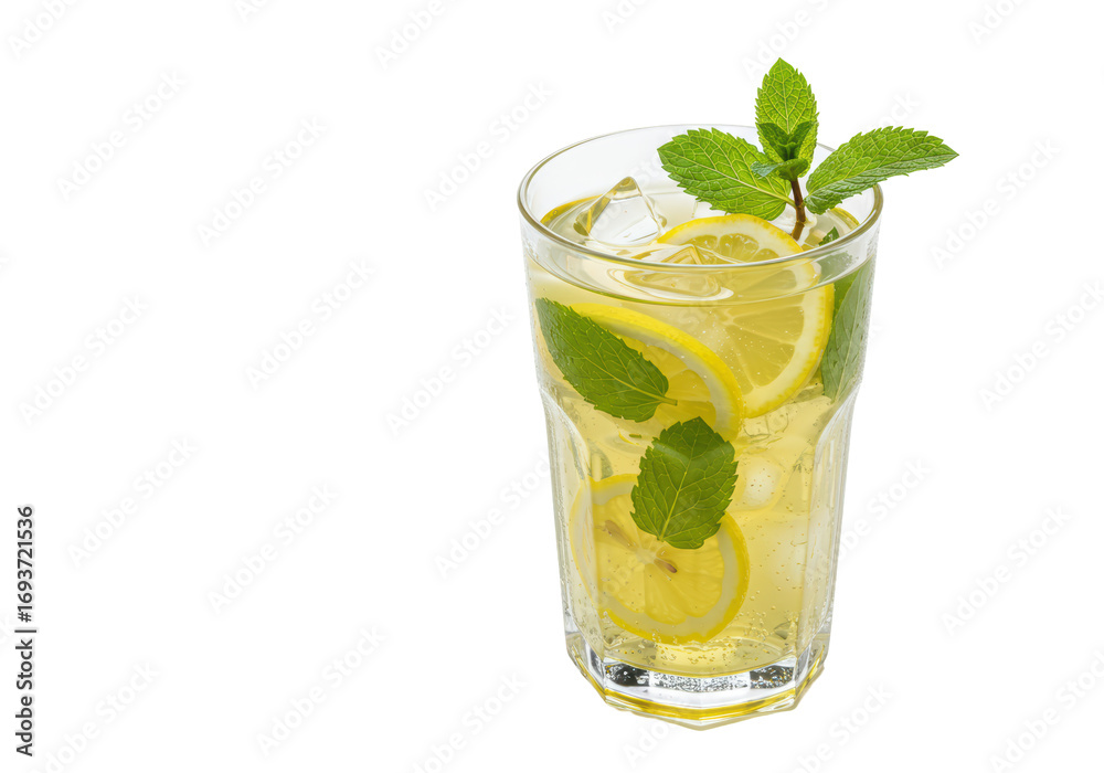 Fototapeta premium Isolated Refreshing summer drink with lemon slices, ice cubes, and mint sprigs in a tall glass