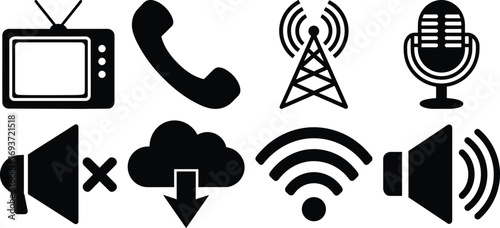 Assortment of media and technology icons featuring television, phone, cell tower, microphone, mute, download, wifi, and speaker, isolated on white background