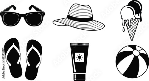 A set of six black and white icons representing summer beach essentials and activities.