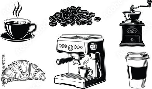 A collection of black and white illustrations depicting various coffee-related items and a croissant.