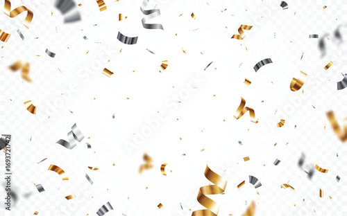 Bursting gold and silver confetti, falling ribbon backgrounds