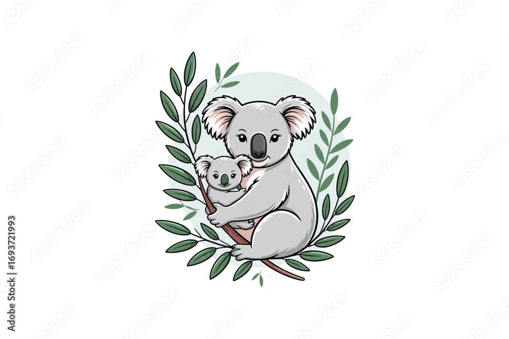 Fototapeta premium Koala Mother and Baby Cartoon Illustration with Eucalyptus Leaves, Cute Wildlife Scene, Vector Design for Children's Books and Educational Materials, Isolated on White
