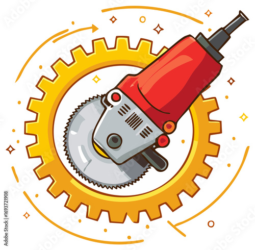 Circular Saw with Gear Symbol, Construction, Power Tool in Doodle Style