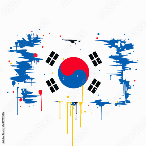 South Korean flag rendered with bold, abstract paint strokes and dripping ink in a stylized artistic design