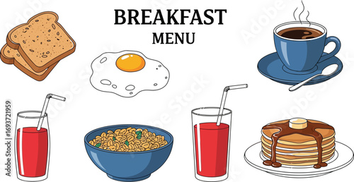 A collection of breakfast menu items including toast, fried egg, cereal, pancakes, coffee, and juice, set against a white background.
