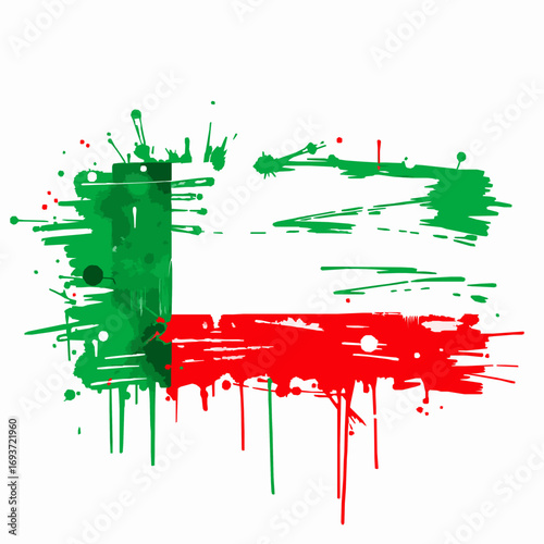 Abstract representation of the United Arab Emirates flag with green, red, and white paint strokes and drips