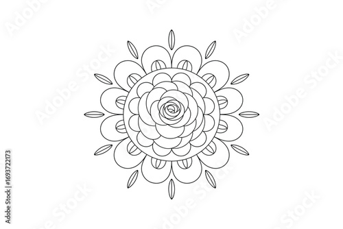 Rose Mandala Flower Line Art: Intricate Design, Therapeutic Coloring Page, Floral Motif, Relaxation, Geometric Pattern, Black and White, Coloring Book Material