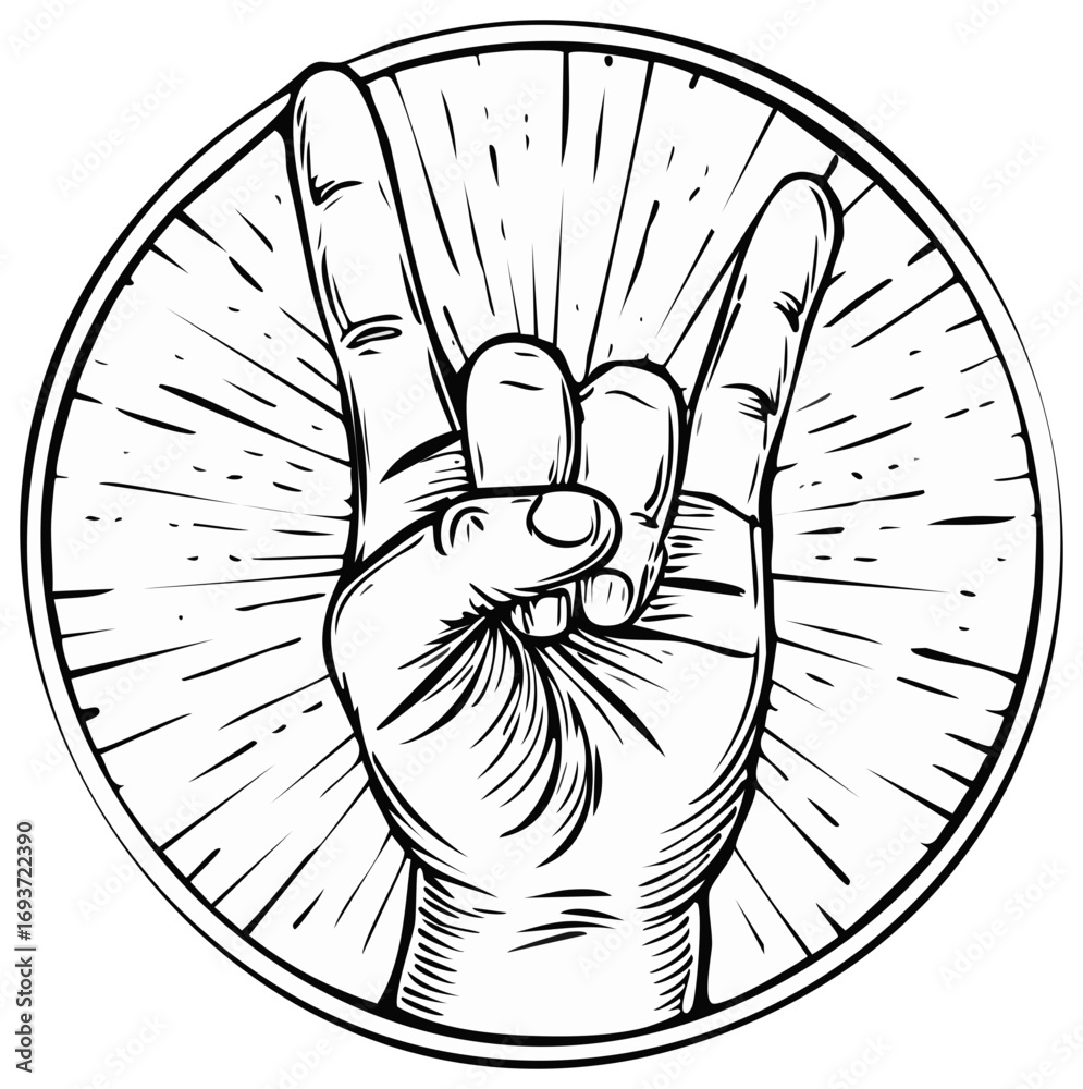 Obraz premium Hand gesture horns rock and roll symbol circular emblem with radiating lines